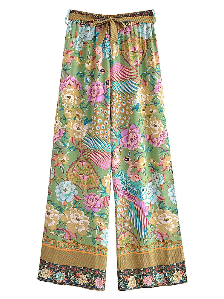 Boho Queens Women Peacock Floral Print Outfits Short Kimono Robe Bohemian Suits Wide Leg Pants 2 Pieces Rayon Boho Sets Swimsuit