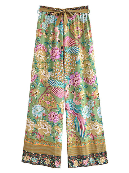 Boho Queens Women Peacock Floral Print Outfits Short Kimono Robe Bohemian Suits Wide Leg Pants 2 Pieces Rayon Boho Sets Swimsuit