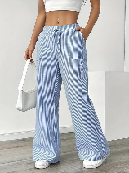 Women's Vertical Striped Wide Leg Pants High Waist Drawstring Loose Casual Trousers Autumn Elastic Waist Trousers with Pockets