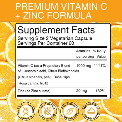 Vitakit Vitamin C 1000mg with Zinc 20mg 120 Capsules Vitamin Dietery Supplement | Non-GMO & Gluten Free Vegan