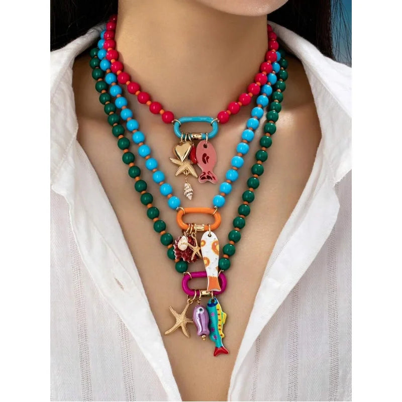 1pc Summer Beach Multi-Layer Resin Beaded Necklace, Colorful Fish & Starfish Charms, Boho Jewelry for Vacation & Beach Party