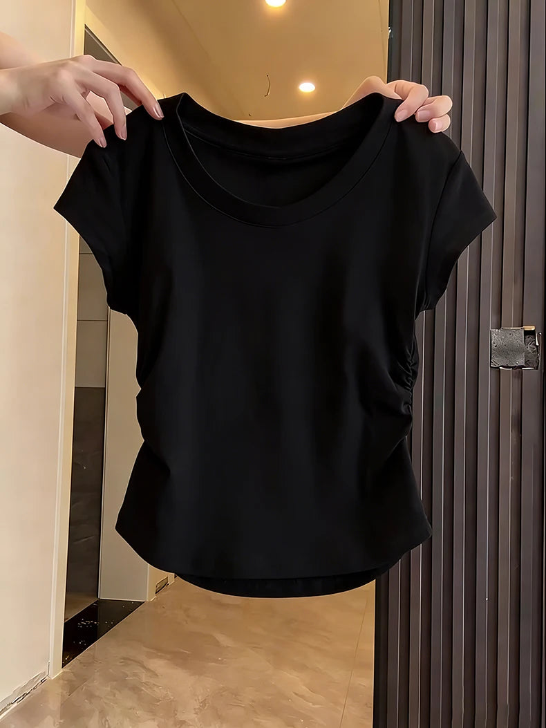 Women's Basic Solid Crop Top Short Sleeve Crewneck Skinny T-shirt Summer Casual Y2K Vintage Harajuku Streetwear