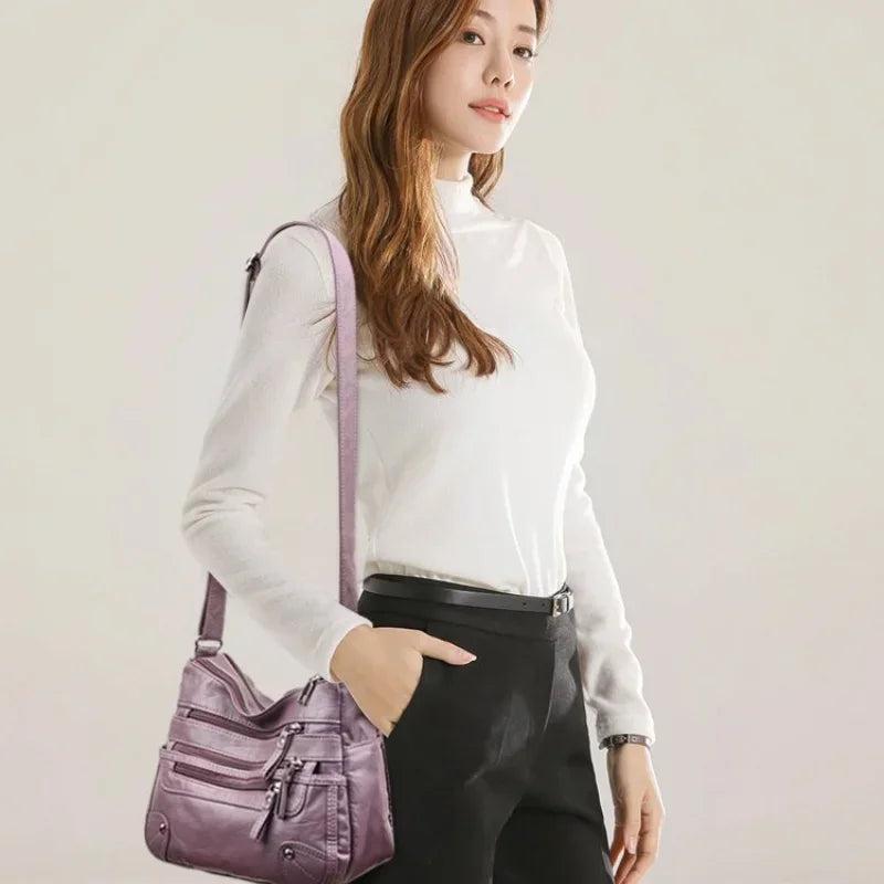 Soft Leather Shoulder Bag - Women's Crossbody Double Layered Large Capacity Tote