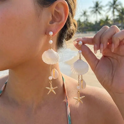 Boho Stone Hoop Earrings – Starfish & Shell Dangle (Y2K Beach)