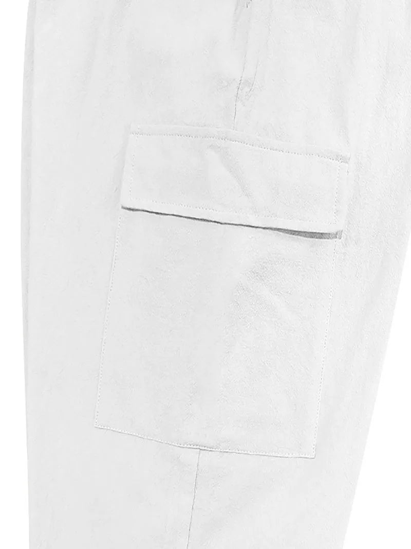 Men's Cotton Linen blend Cargo Jogger Pants Elastic Waist Drawstring Multi Pockets Casual Breathable Streetwear Trousers for Men