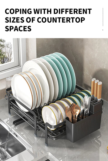 Expandable Dish Drainer - Adjustable Kitchen Rack with Drainboard, Utensil & Cup Holder
