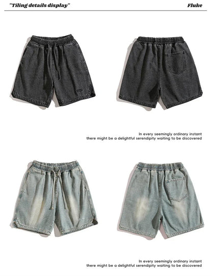 Baggy Denim Shorts - Men's Summer Casual Streetwear With Embroidery & Elastic Waist