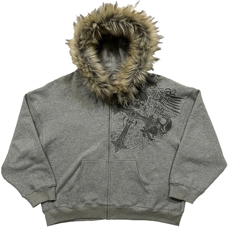 Autumn Winter Y2k Women Aesthetic Harajuku Faux Fur Collar Hoodies Clothes Graphic Hip Hop Punk Gothic Zip Up Hoodies 2026 new