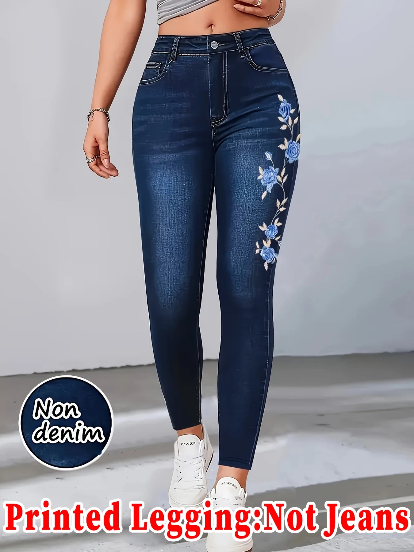 Women's Printed Skinny Pants, High Elastic Seamless Design with Faux Pockets, Casual & Sporty