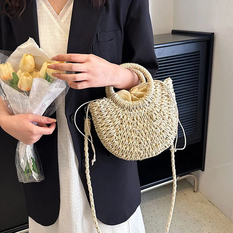 Straw Rattan Handbag – Large Capacity Half Moon Purse | Hollow Out Shoulder Bag