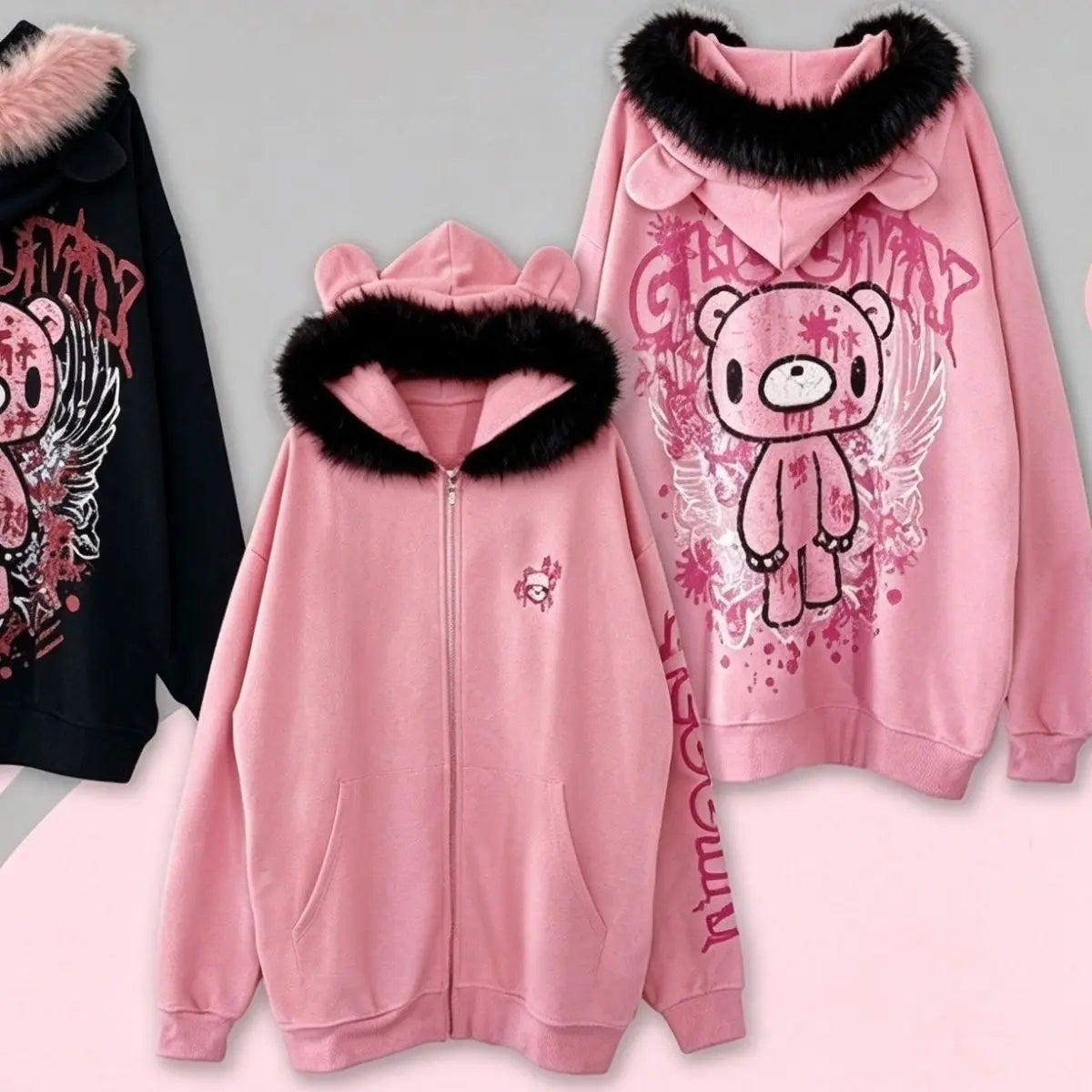 Gothic Kawaii Jirai Kei Women Distressed Gloomy Bear Print Pink Furry Trim Bear Ear Oversized Zip Hoodie Harajuku Casual Outfit