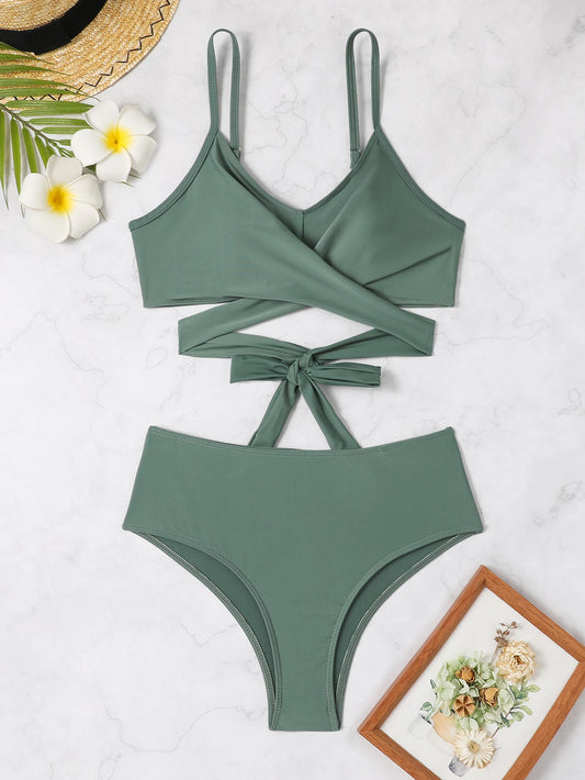 Solid Color Women's Swimwear V Neck Back Tie Bikini Set Adjustable Strap Swimsuit Female Summer Swimming Beach Wear