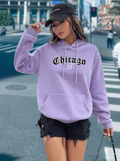 CHICAGO 23 Letter Hoodies Women's Hooded Sweatshirt Pullover Spring Autumn Top Aesthetic Y2K Street Sport Clothing Woman Hoody