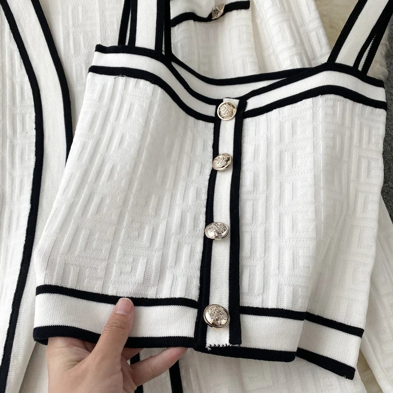 SINGREINY Autumn Knitwear 3PC Sets Long Sleeves Cardigan+Single Breasted Spaghetti Strap+High Waist Elastic Shorts Casual Suits