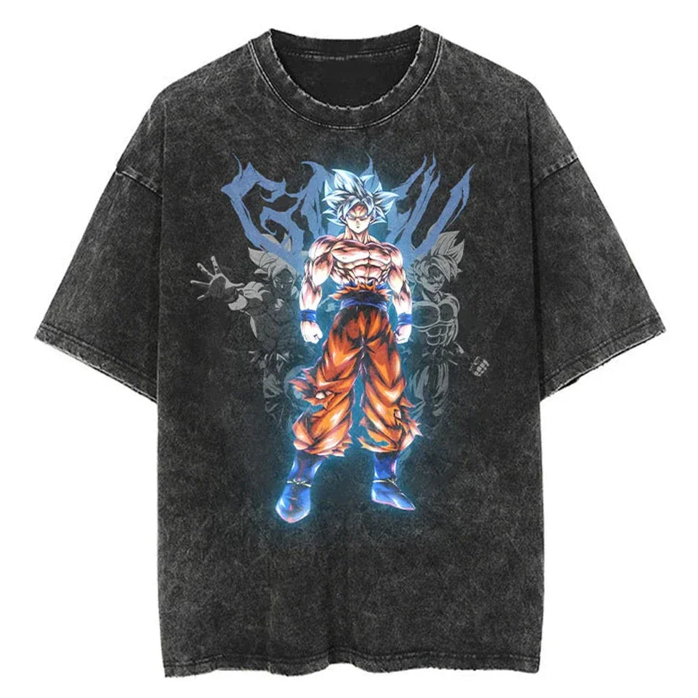 Men Streetwear Washed T Shirt Japanese Anime Dragon Ball Print T-Shirt Harajuku Cotton Casual Tshirt Summer Short Sleeve Tops