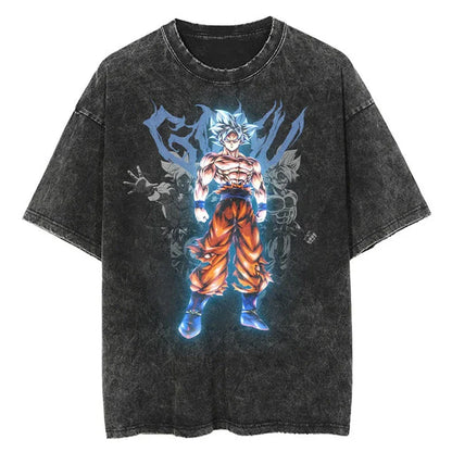 Men Streetwear Washed T Shirt Japanese Anime Dragon Ball Print T-Shirt Harajuku Cotton Casual Tshirt Summer Short Sleeve Tops