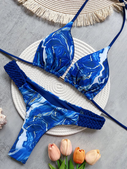 Halter Mini Bikini - Two-Piece Swimsuit With High Cut, Printed Bikini Set For Women