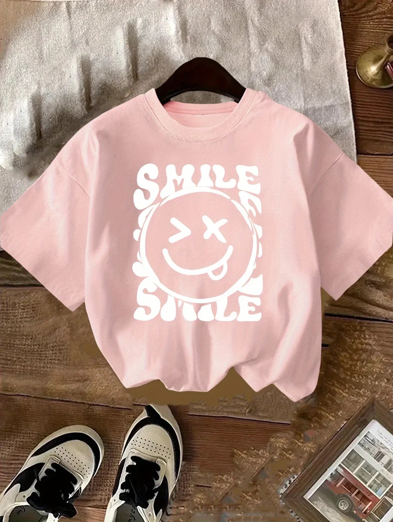 New 2026 Summer 100% Cotton Girls Round Neck T-Shirt, Cute Letter Smiley Print Breathable Casual Short Sleeve Tops