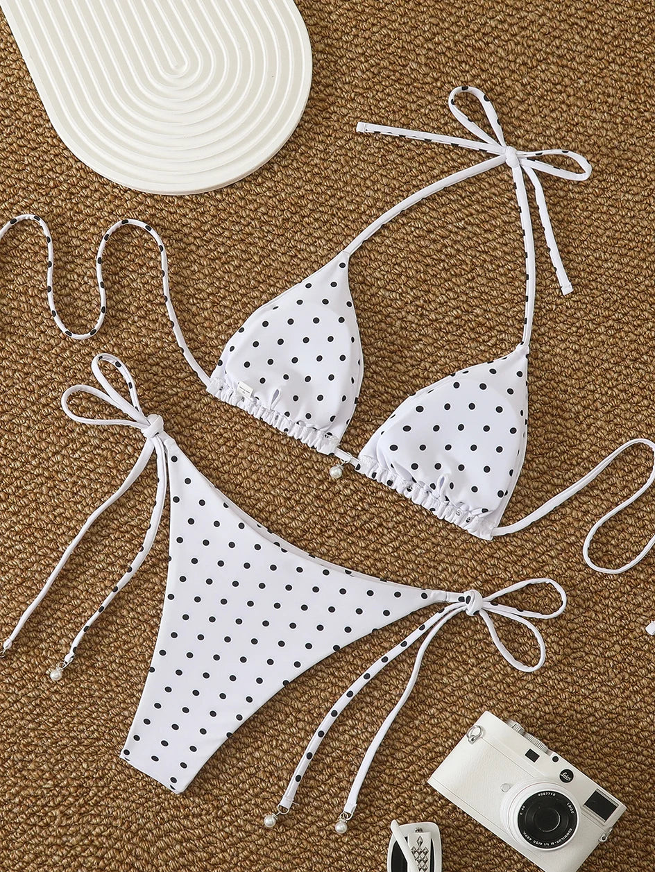 Micro Bikinis Set - Women's Swimwear Dot Print Halter Neck Lace Up Bikini