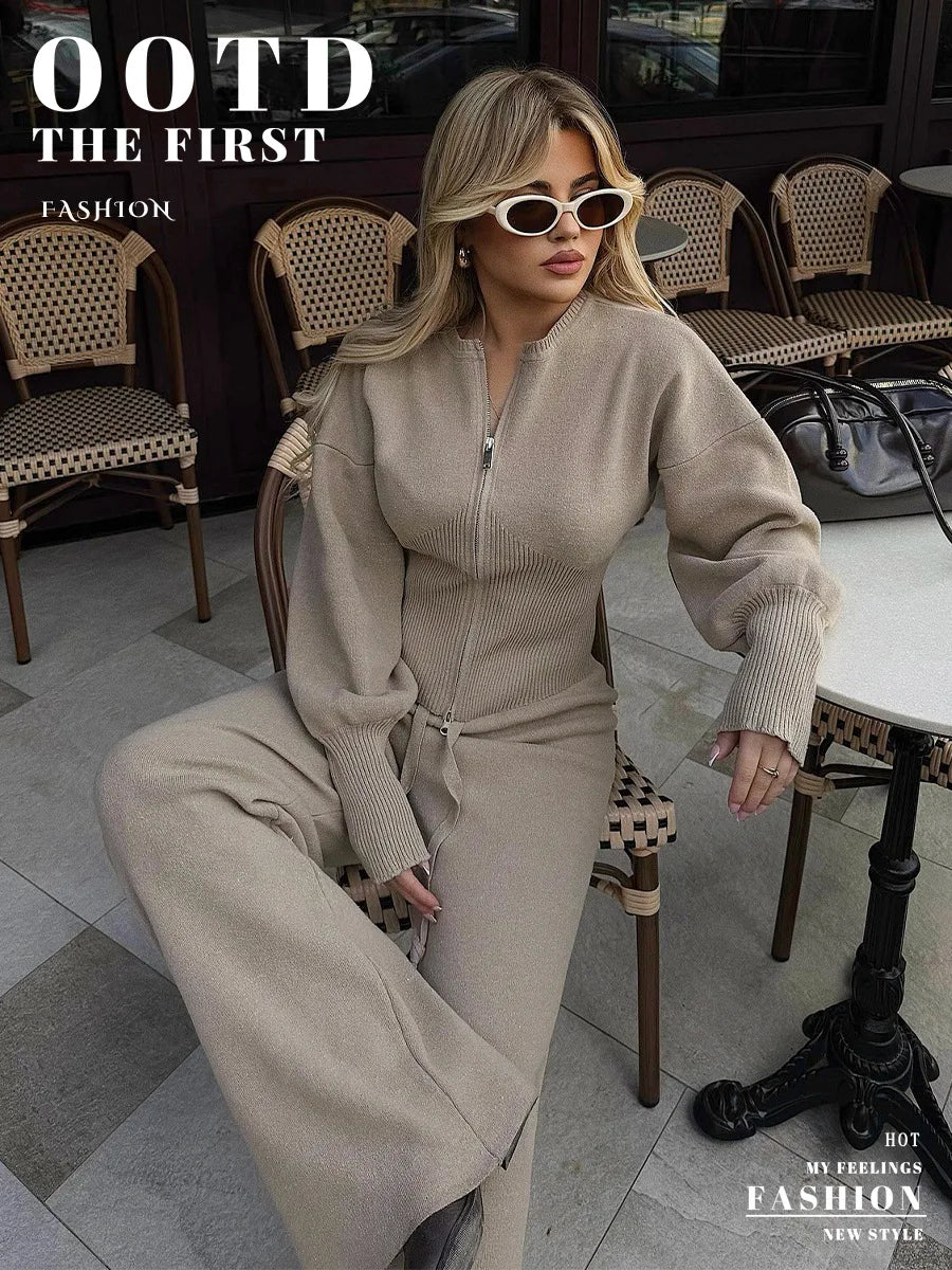 Bornladies 2026 Spring  New Knitted Wo-piece Set Zipper Top High-waisted Elastic Waist Straight Pants Set Mininalist Casual Suit