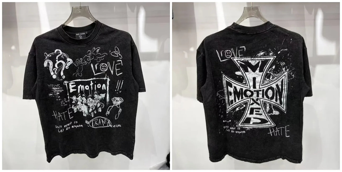 New MIXED-EMOTION Rhinestone cartoon printed pattern 100% cotton Men Women T-shirt Loose casual Shinning Diamond Tees Oversized Top