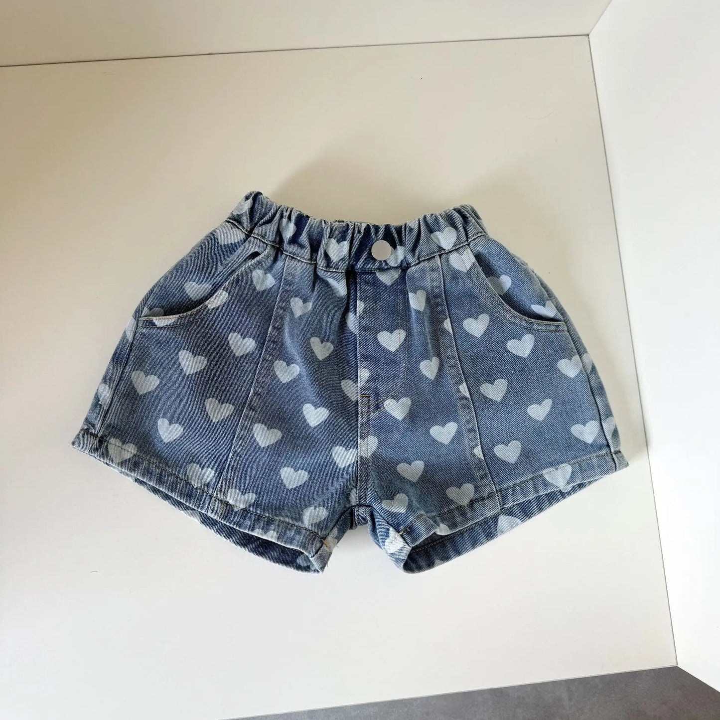 Heart Print Denim Shorts - Casual Knee-Length Shorts for Kids 1-8Y