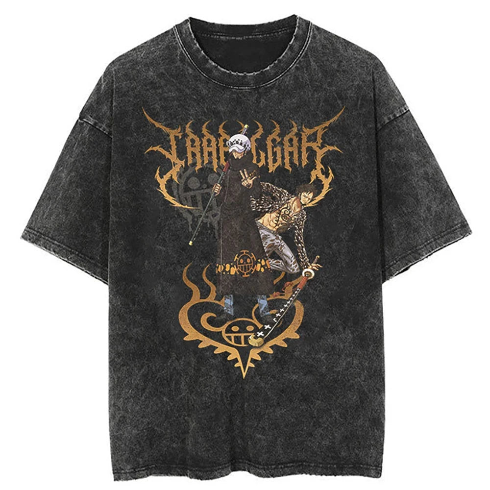 One Piece T-shirts Graphic Men Casual Oversized Washed Harajuku T-shirt Washed Japanese Anime Loose Streetwear Black Tops Tees