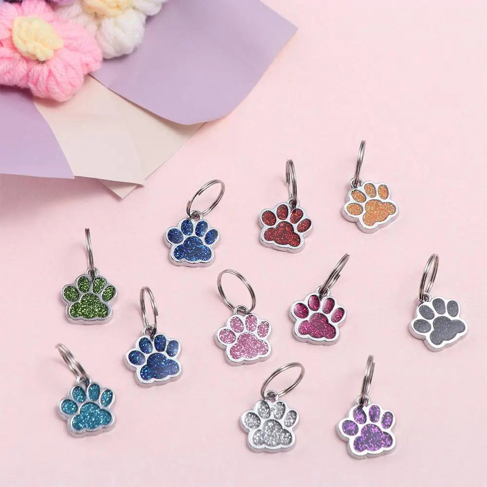 Cat Dog Paw Print Dog Cat Tags Anti-Lost Pet Glitter Pendant with Hook Exquisite Pet Collar Tag Pendant Kitten
