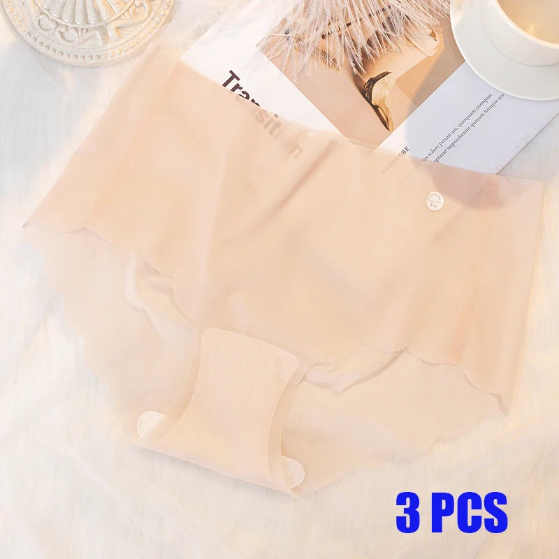 3PCS Women Summer Panties Sexy Lingerie Ice Silk Quick Drying Briefs Female Seamless Solid Color Underpants Cool Panties