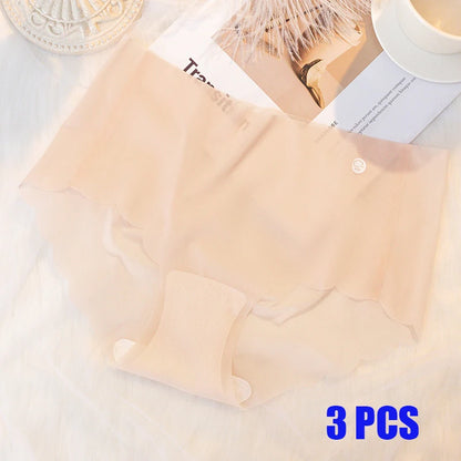 3PCS Women Summer Panties Sexy Lingerie Ice Silk Quick Drying Briefs Female Seamless Solid Color Underpants Cool Panties