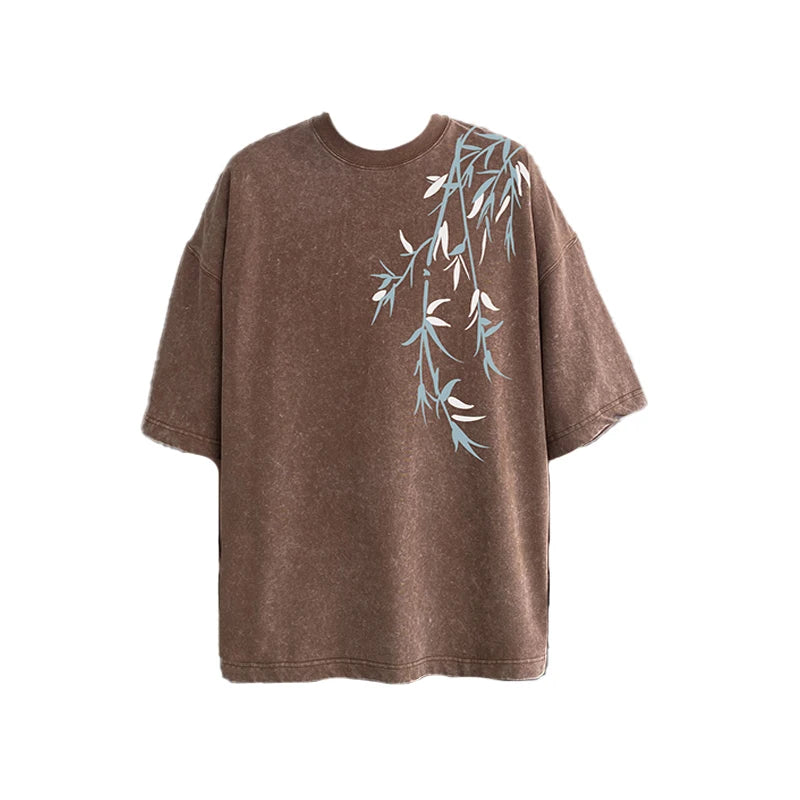 Acid Washed T-Shirt - Men's Streetwear Tee With Bamboo Leaf Print | Oversized Loose Fit
