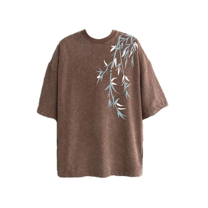 Acid Washed T-Shirt - Men's Streetwear Tee With Bamboo Leaf Print | Oversized Loose Fit