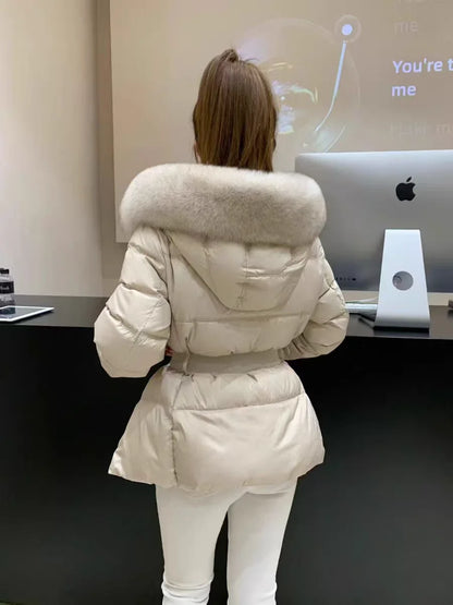 Korean New Winter Slim Waist Fitted Plus Size Thick Down Cotton Parkas Women Big Fur Collar Warm Coat Fashion Trendy Warm