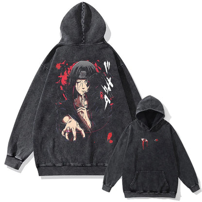 Men Washed Hoodie Sweatshirt Japanese Anime Naruto Print Hooded Pullover Hip Hop Harajuku Streetwear Cotton Vintage Hoodie