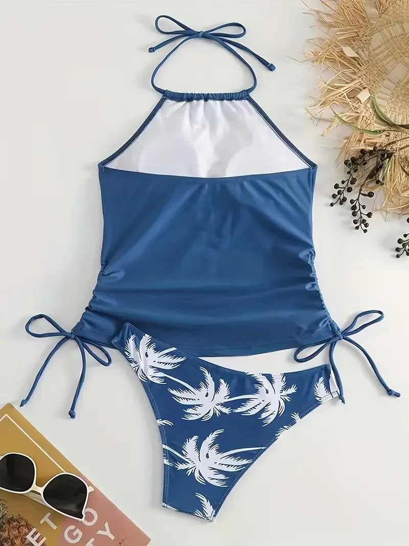 Ladies Split Bikini - Large Size Conservative Swimwear with Coconut Print Straps & Lace Up Top
