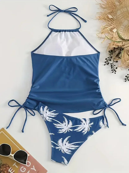 Ladies Split Bikini - Large Size Conservative Swimwear with Coconut Print Straps & Lace Up Top
