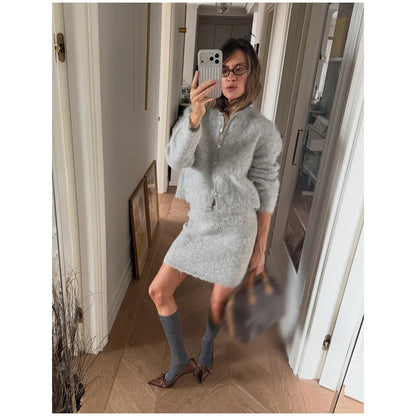 Solid Color Zipper Waist Cinching Casual Set Knitted Top Drawstring Straight Leg Pants 2-piece Sets 2026 Autumn Lady Daily Wear