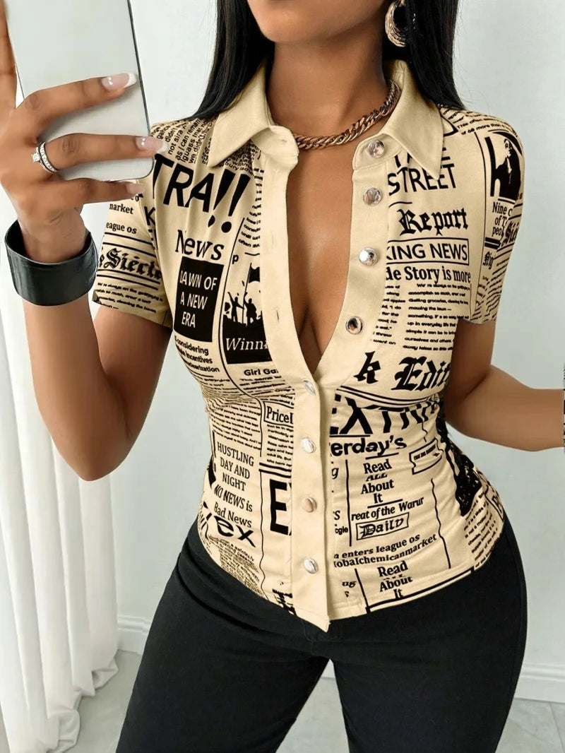 Women Summer Fashion Newspaper Print Single-Breasted V-Neck Women Shirt