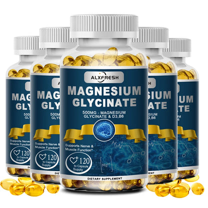 Alxfresh Magnesium Glycinate 500mg Capsule Zinc Vitamin D3 B6 for Muscle, Joint, Nerve Sleep Quality, Anxiety Stress Mood Health
