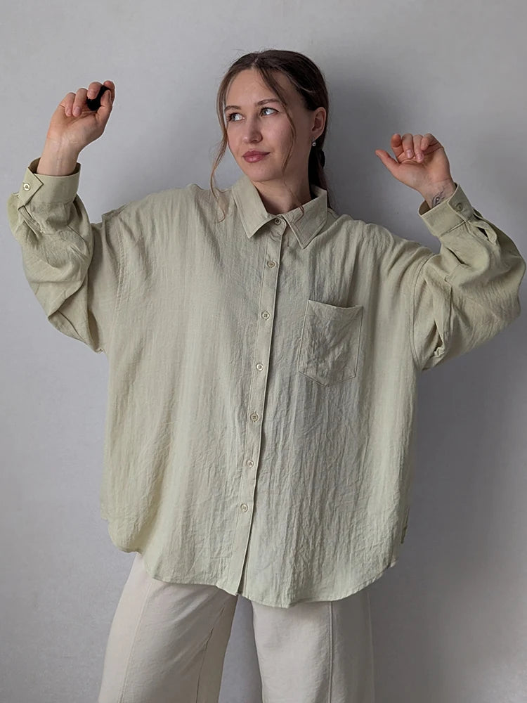 Summer Blue Linen Shirts For Women Oversized Long Sleeve Tops Green Shirt Woman Work Basic Linen Tops Women White Shirts Ladies