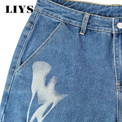 LIYS Men's American High Street Flame Printed Jeans Retro Fashion Loose Wide Leg Hairy Straight Leg Floor Pants Trendy Brand Y2K