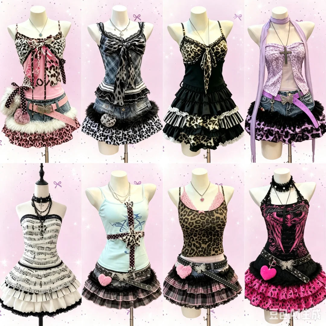 American Vintage Punk Gothic Leopard Print 2 Piece Suits Women Subculture Piano Top + Skirt Retro Harajuku Y2k Casual Outfits
