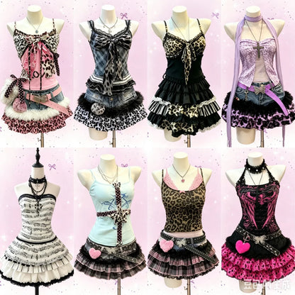 American Vintage Punk Gothic Leopard Print 2 Piece Suits Women Subculture Piano Top + Skirt Retro Harajuku Y2k Casual Outfits