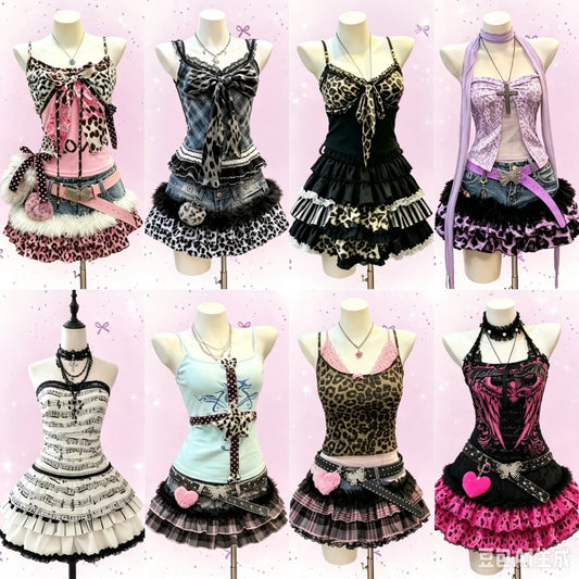 American Vintage Punk Gothic Leopard Print 2 Piece Suits Women Subculture Piano Top + Skirt Retro Harajuku Y2k Casual Outfits