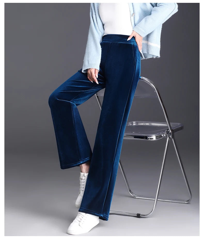 Korean style blue velvet wide leg pants for women in spring and autumn, high-end fashion, loose fit, plus size casual pants