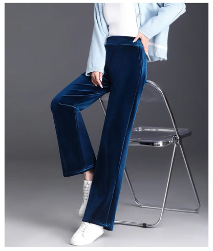 Korean style blue velvet wide leg pants for women in spring and autumn, high-end fashion, loose fit, plus size casual pants