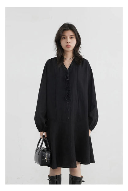 Women Loose Dress - Casual V-Neck Long Sleeve A-Line Knee Dress With Ruffled Lantern Sleeves