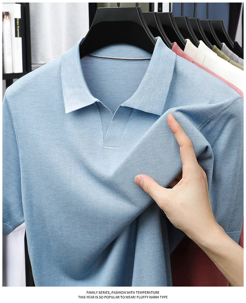 100%  Lyocell Knitwear 2025 Men Spring Summer Trendy Turn Down Collar Knit Tees Short Sleeve Breathable Knit Tops