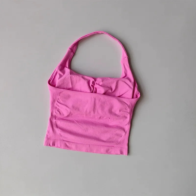 2PCs Peach High Waist Belly Hip Lifting Sports Bras Shorts Suit Gathering Shock-proof Neck Halter Yoga Suit Running Fitness Set