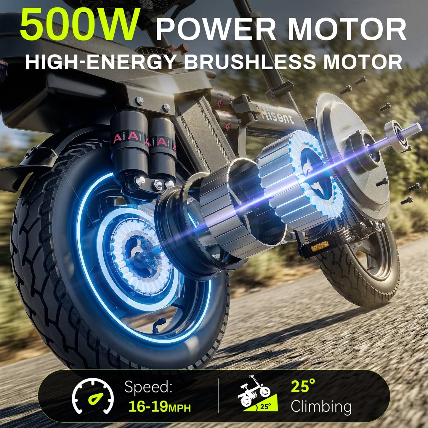 Hisent electric folding bike, 14 inches, 500W brushless motor, 48V 10AH/17.5AH battery available, different models.